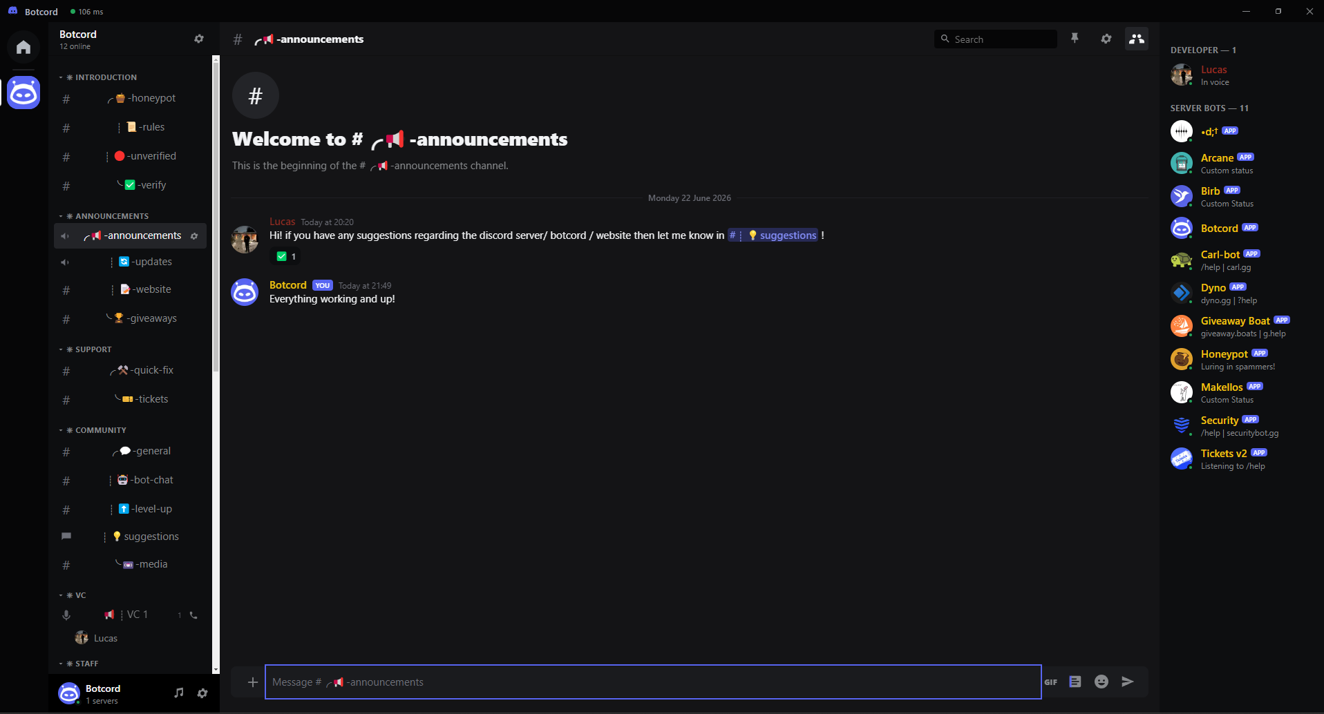 Botcord running on Windows — a Discord-style desktop client for your own bot, showing channels, chat and the server bot list
